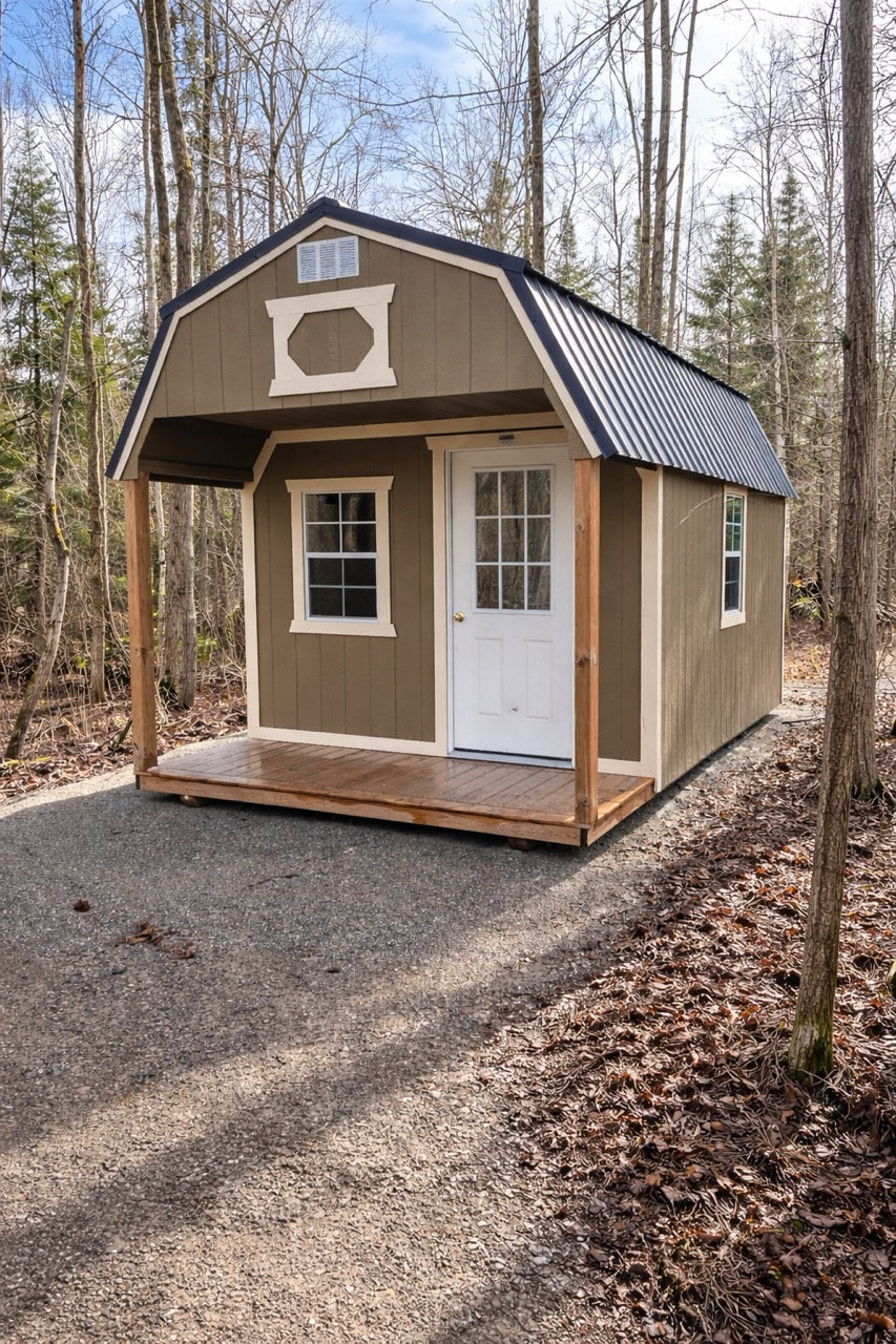 Tiny cabin in autumn with leaves and forest setting